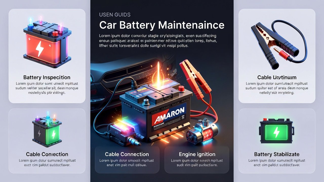 “Infographic-style animated illustration showing the process of a car jump start with title at the top, key steps on sides, and central premium brand battery.”