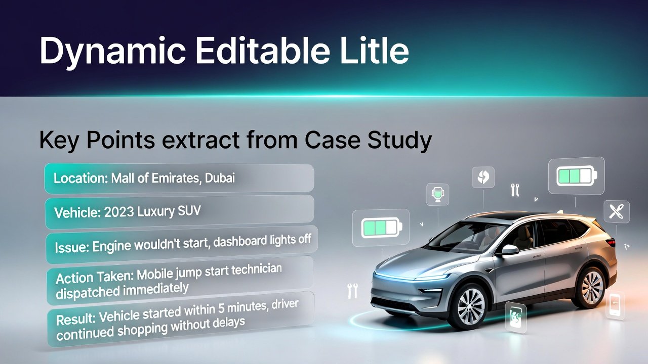 "Feature image for a case study showing editable title at top, key points from a battery dead scenario on sides, and 2023 luxury SUV in animated infographic style at the center."