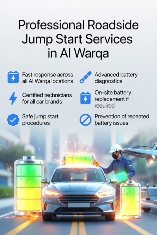 "Infographic showing professional roadside jump start services in Al Warqa, with title on top, key service points on both sides, and animated central car illustration with technician performing a jump start."