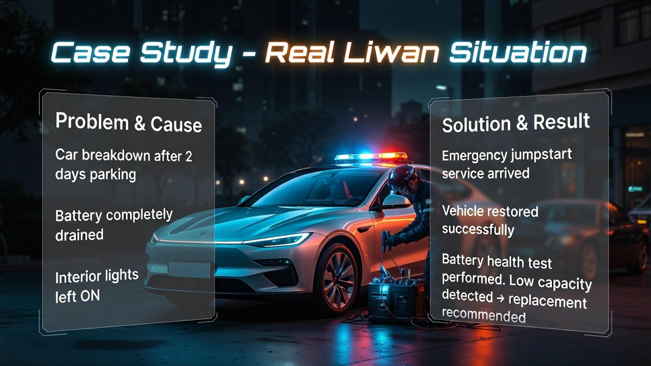 Case study infographic showing a real battery dead situation in Liwan with car breakdown, jumpstart service, and battery replacement recommendation.