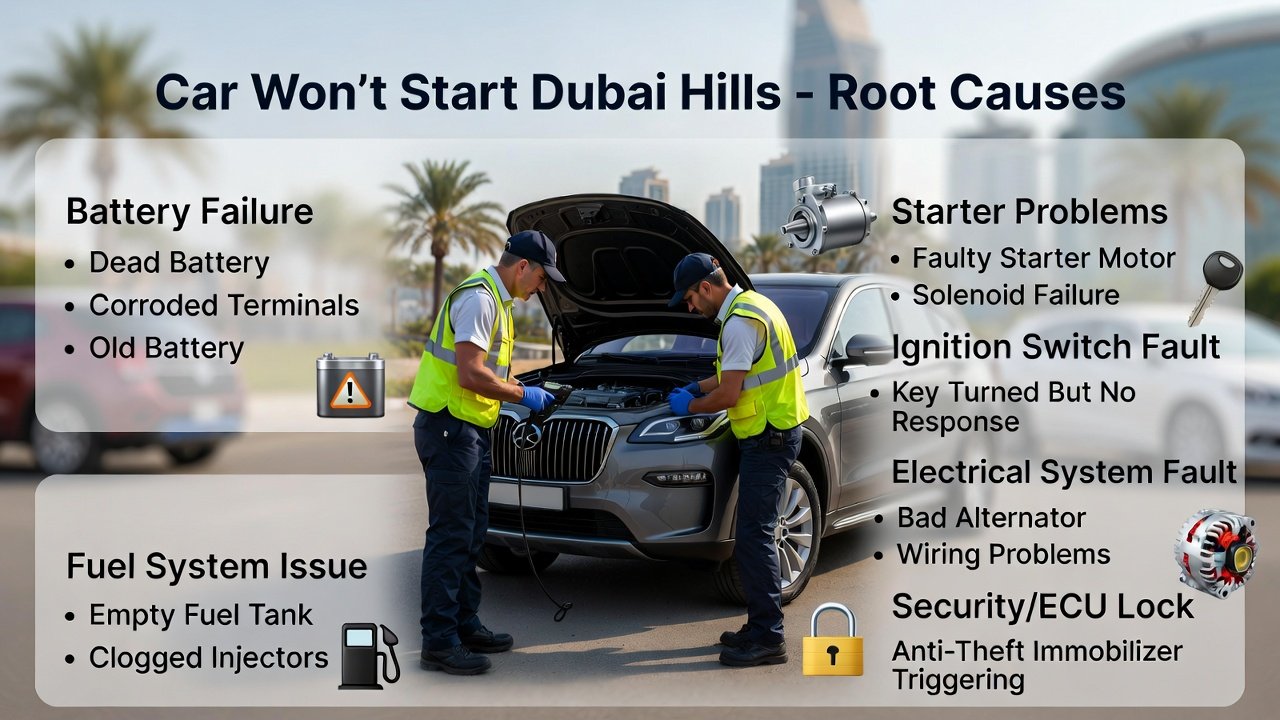 "Infographic showing Car Won’t Start Dubai Hills with title at top, main root causes as side bullet points, and an animated-style roadside assistance team diagnosing a luxury SUV in Dubai Hills with icons for battery, starter, ignition, fuel, alternator, lock, and heat."