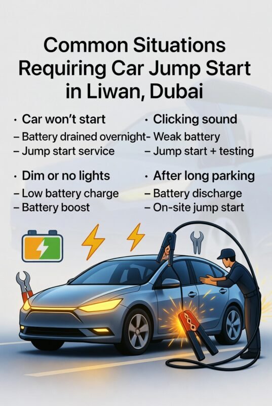 "Infographic showing common situations requiring car jump start in Liwan Dubai, with title on top, key situations and solutions on both sides, and animated central car illustration with technician performing a jump start."