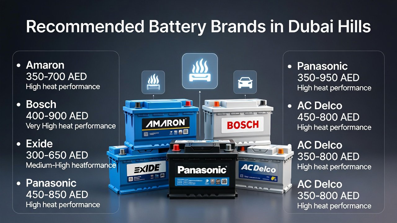 “Infographic showing recommended battery brands in Dubai Hills with title on top, side bullet points listing brand, price, and heat performance, and central premium battery illustrations with animated effects.”