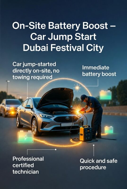 Technician performing an on-site car battery jump start in Dubai Festival City with key benefits displayed on both sides