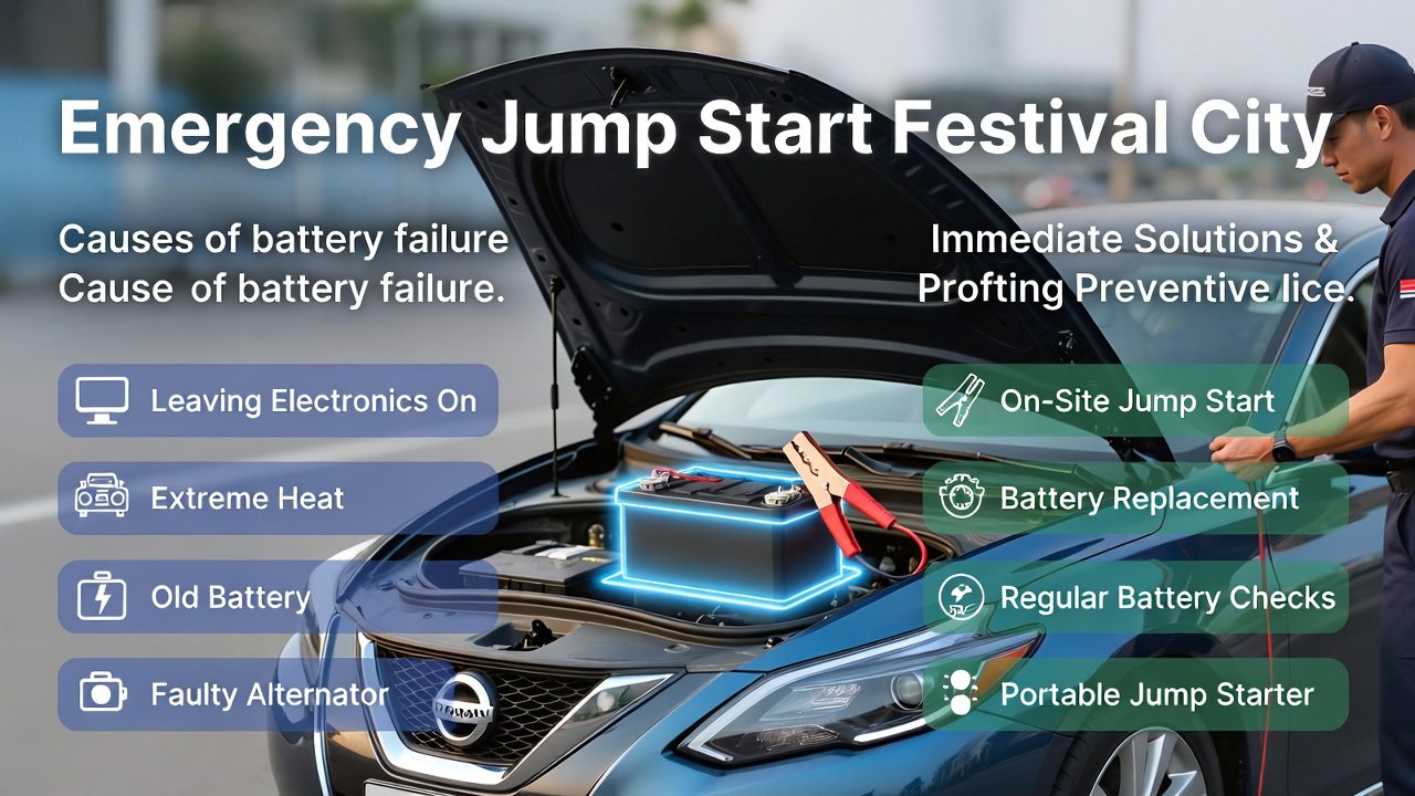 "Emergency Jump Start Festival City guide image showing a car being jump-started by a mobile technician, with key tips and solutions displayed on sides in infographic style."