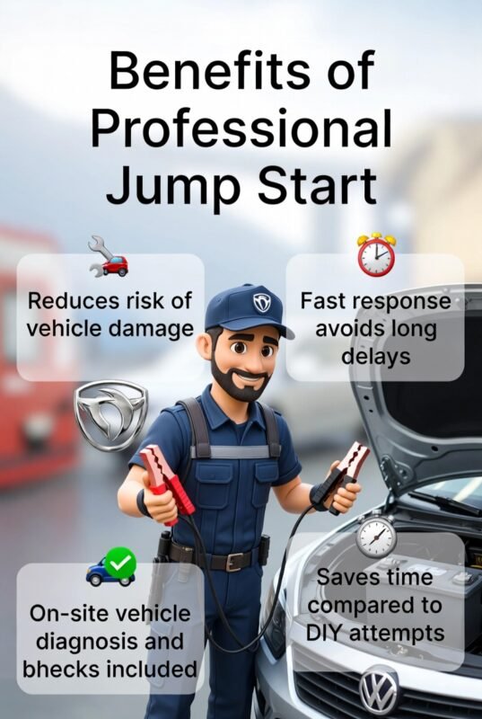 "Animated illustration showing a professional technician performing a car jump start in Dubai Mall parking, with title on top and benefits of professional service displayed on the sides."