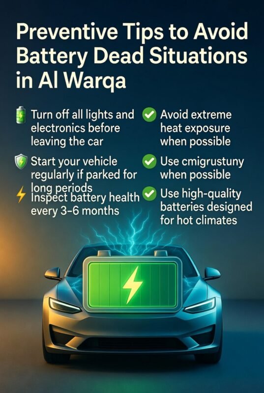 "Infographic showing preventive tips to avoid battery dead situations in Al Warqa, with title on top, key tips on both sides, and animated central car illustration with battery health and energy effects."