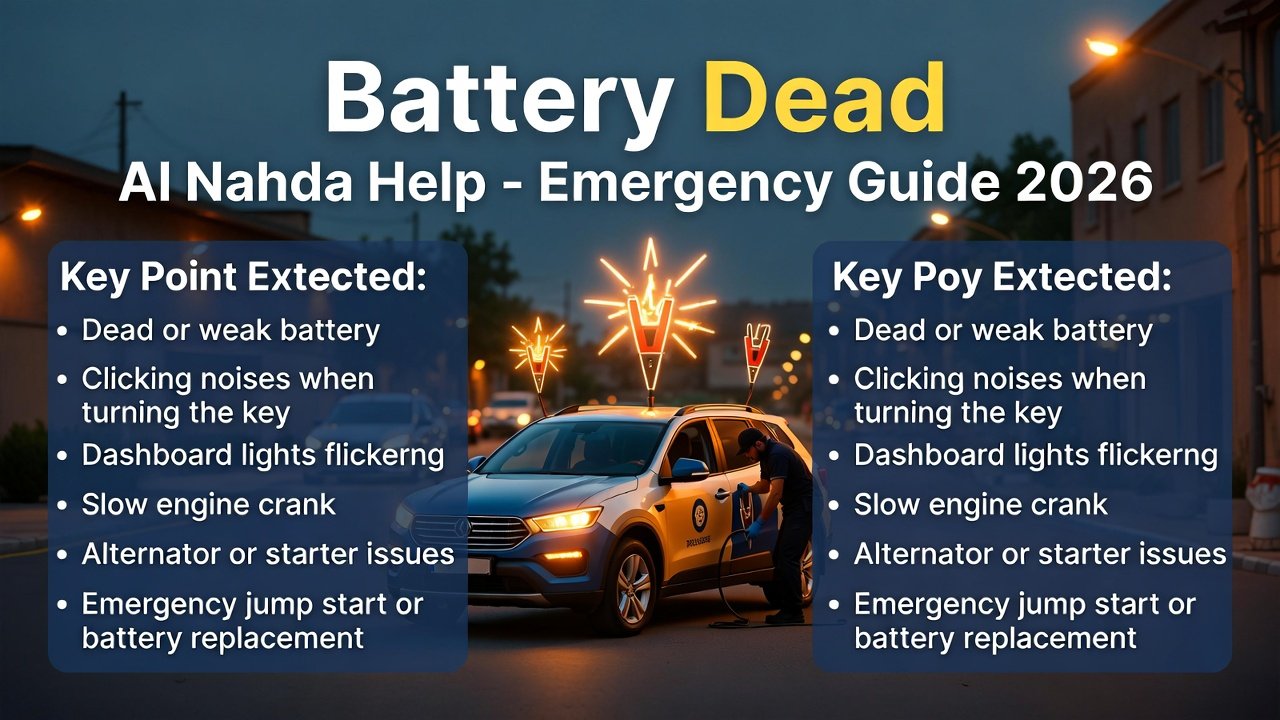 “Battery Dead Al Nahda Help guide cover showing dead battery, clicking noises, dashboard flickering, and slow engine crank on sides, with branded roadside assistance vehicle in center, animated professional style.”