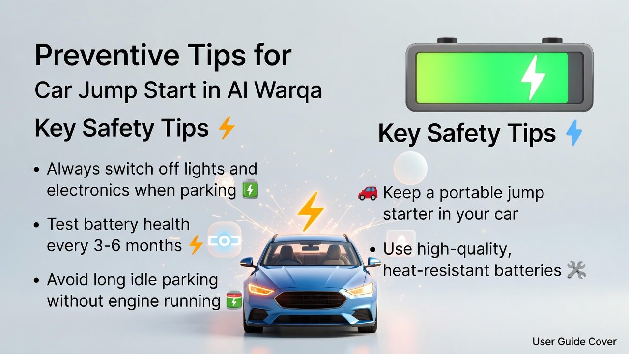 "Infographic showing preventive tips for car jump start in Al Warqa, with title at the top, key tips on the left and right sides, and animated-style central car illustration depicting battery readiness."