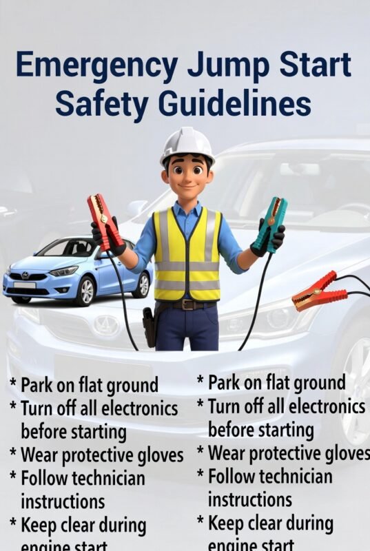 "Animated illustration showing a technician demonstrating Emergency Jump Start safety guidelines with title on top and key safety steps on the sides."