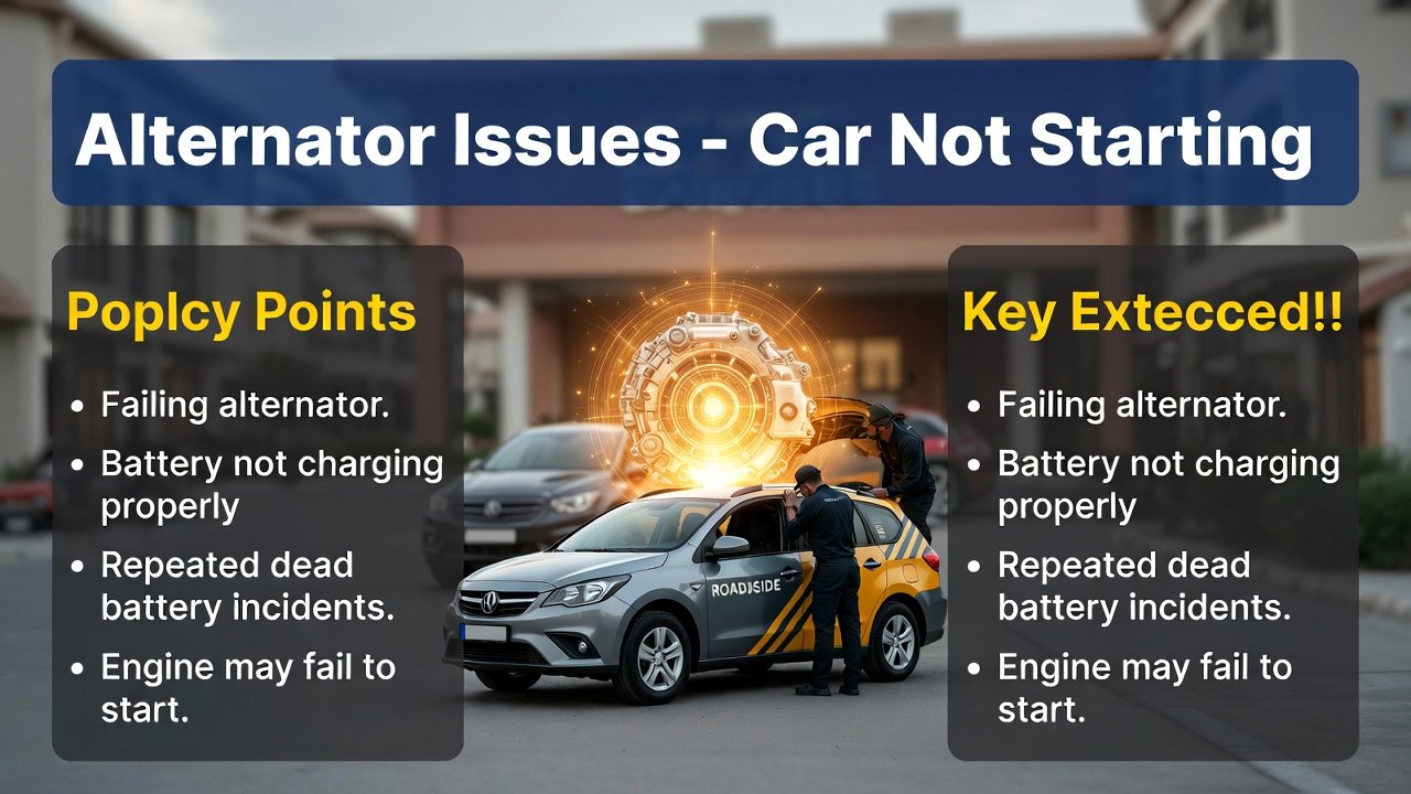 “Alternator issues guide cover showing battery not charging properly and repeated dead battery incidents on sides, with branded roadside assistance vehicle and technician inspecting alternator in center, animated professional style.”