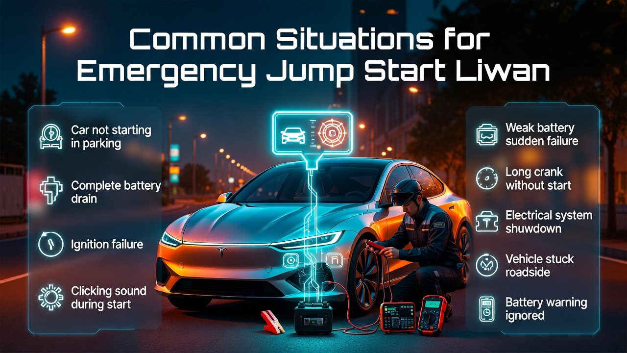 Infographic showing common emergency jump start Liwan situations with car battery failure symptoms and roadside assistance service.