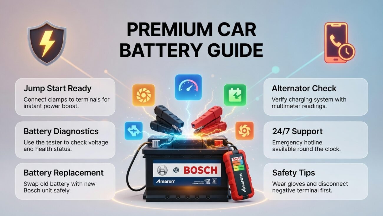 “Animated infographic showing Oud Metha battery help services, with title at the top, key services on sides, and premium brand battery in the center.”