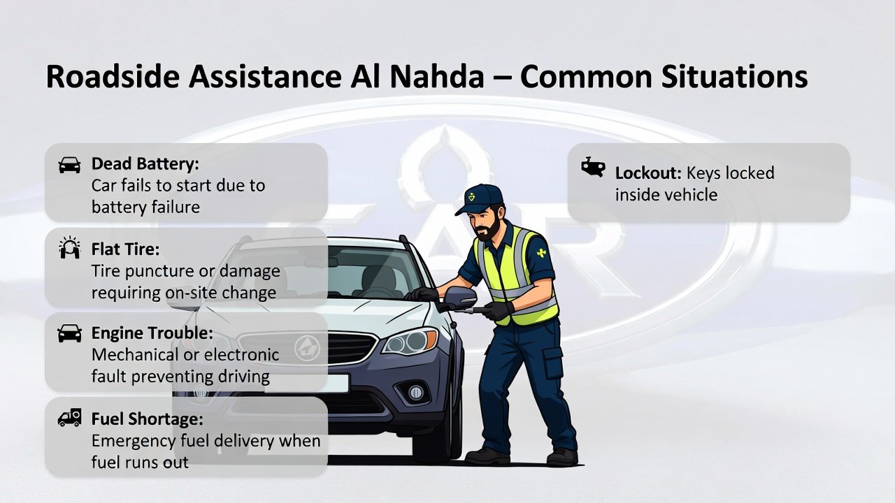"Animated illustration of a technician providing roadside assistance in Al Nahda, showing common vehicle problems like dead battery, flat tire, engine trouble, fuel shortage, and lockout, with title on top and points on the sides."