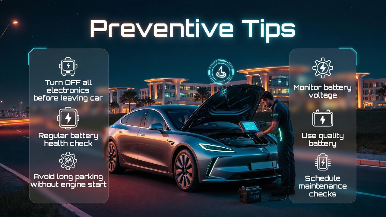 Infographic showing preventive tips for car jump start Academic City Dubai including battery care, maintenance, and safety practices.