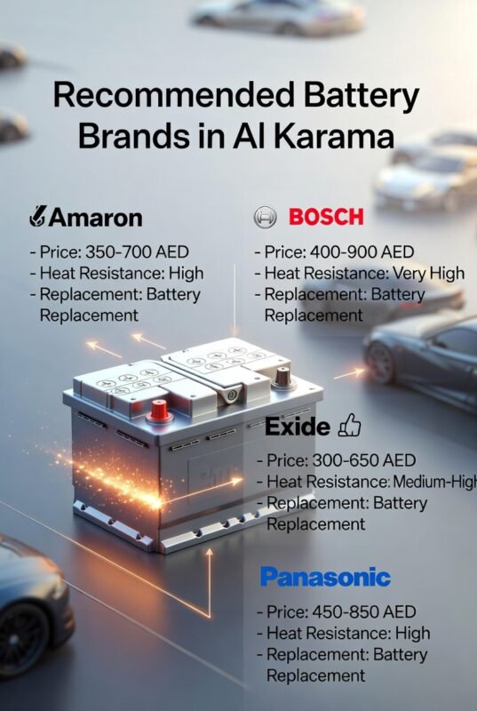 "User guide illustration for recommended car battery brands in Al Karama, showing title on top, brand details as bullet points on sides, and animated premium battery in the center."
