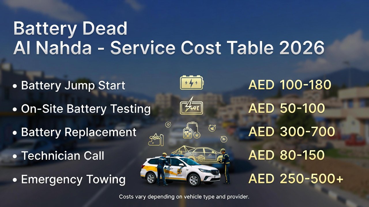 “Service cost table for Battery Dead Al Nahda showing battery jump start, on-site testing, battery replacement, technician call, and emergency towing costs on sides, with branded roadside assistance vehicle in center, animated professional style.”