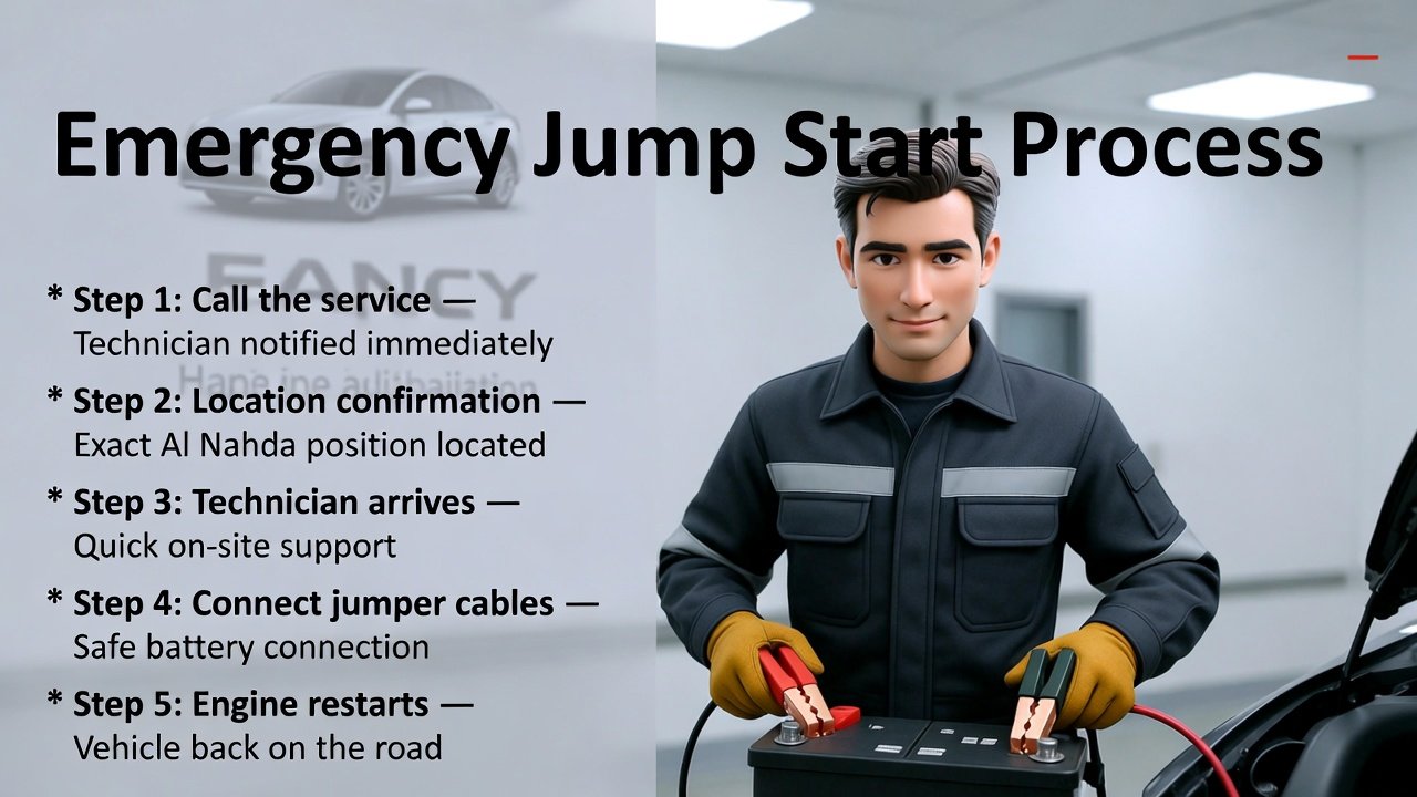 "Animated illustration of a technician performing Emergency Jump Start Process with title on top and step-by-step points displayed on the sides."