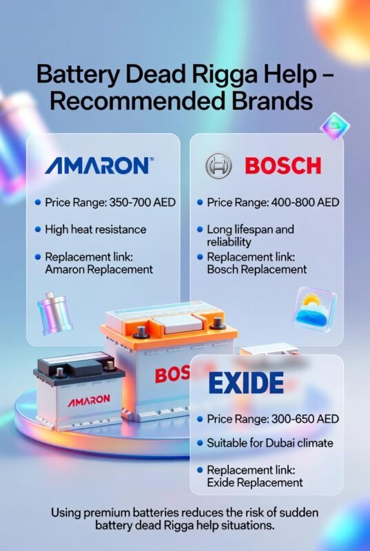 "Battery Dead Rigga Help infographic showing title on top, recommended battery brands (Amaron, Bosch, Exide) with prices and performance notes on sides, and premium battery images in the center with animated infographic style."