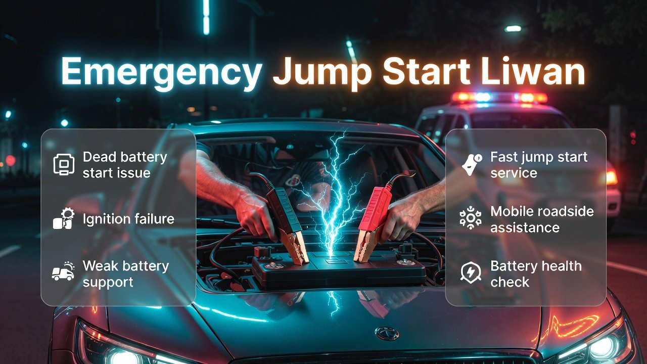 Emergency jump start Liwan infographic showing car battery failure, mobile mechanic service, and roadside assistance solutions in a modern cinematic style.