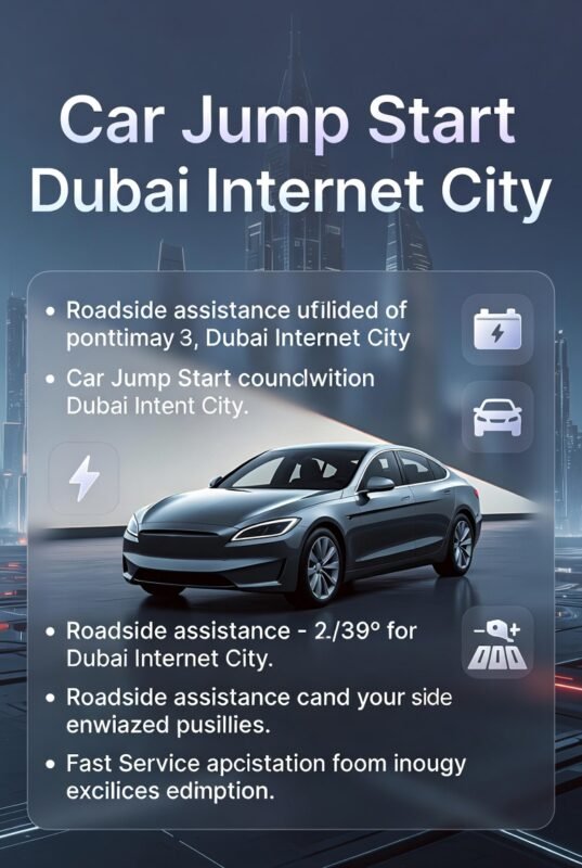 Professional feature image showing car jump start service in Dubai Internet City with a central luxury car, informative bullet points on sides, and modern clean design.