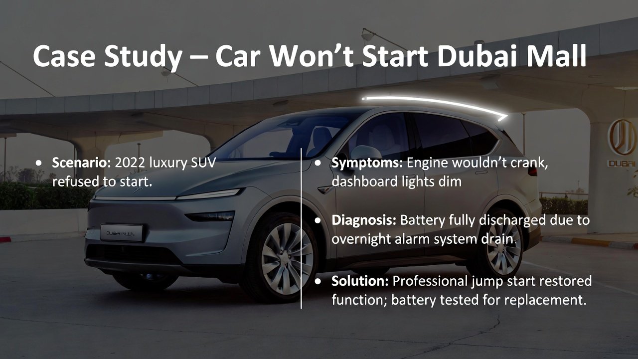 “Feature image showing top title, central 2022 luxury SUV in Dubai Mall parking, and key case study points on sides in clean, animated style.”