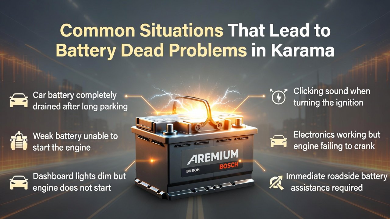 Illustration showing common situations causing a dead car battery in Karama with title on top, problem points on both sides, and a premium battery image in the center.