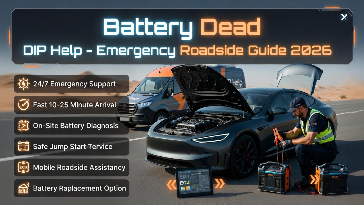 Infographic showing battery dead car emergency help in Dubai Investment Park with mobile mechanic performing jump start and roadside assistance features.