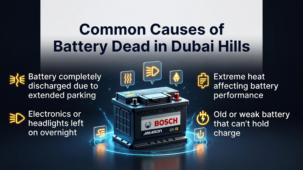 Infographic showing common causes of battery dead in Dubai Hills with title at top, side bullet points explaining causes, and central premium car battery illustration with electric glow.
