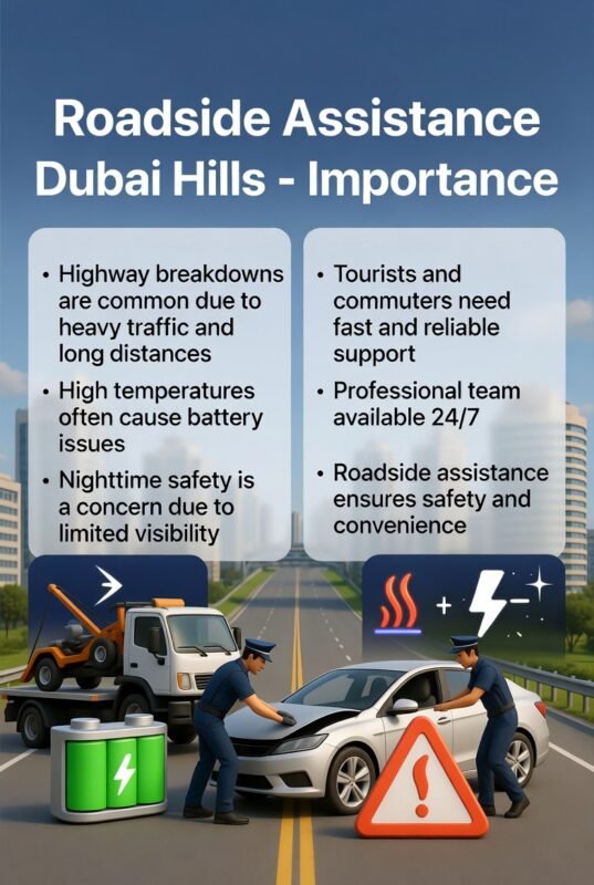 "Roadside Assistance Dubai Hills infographic showing title at top, key importance points as side bullets, and animated-style professional team assisting a car in the center with icons for battery, tow, night safety, and heat."