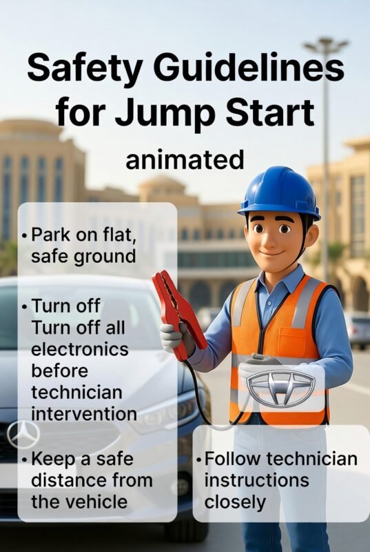 "Animated illustration showing a technician demonstrating safety guidelines for jump starting a car in Dubai Mall parking, with title on top and key safety points on the sides."