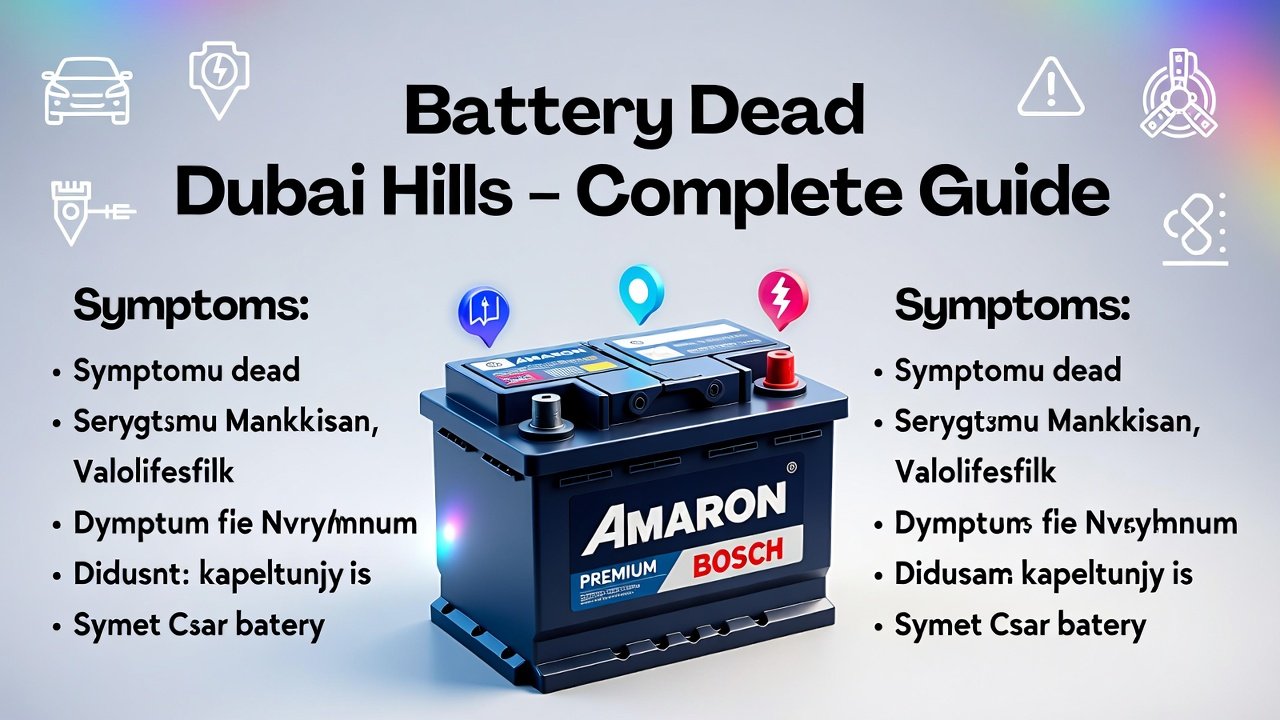 “Infographic showing Battery Dead Dubai Hills guide with title, key symptoms on sides, and premium car battery illustration in the center.”