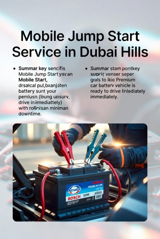 “Infographic showing Mobile Jump Start Service in Dubai Hills with title on top, side bullet points of service benefits, and central illustration of a technician jump-starting a car battery with animated effects.”