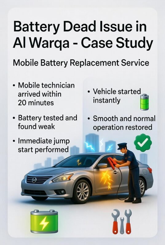 "Infographic case study of a battery dead issue in Al Warqa, with title on top, action steps on the left, results on the right, and animated central car illustration with jump start and technician assistance."