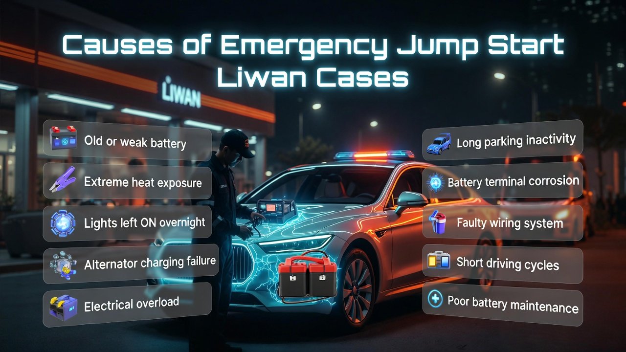 Infographic showing causes of emergency jump start Liwan cases with car battery issues, mobile mechanic service, and structured roadside assistance points.
