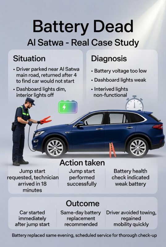 "Infographic showing Battery Dead Al Satwa – Real Case Study with title at top, key case points as side bullets, and animated-style roadside assistance technician performing a jump start on a luxury SUV in Al Satwa with icons for battery, dashboard lights, jump cables, interior lights, and response time."