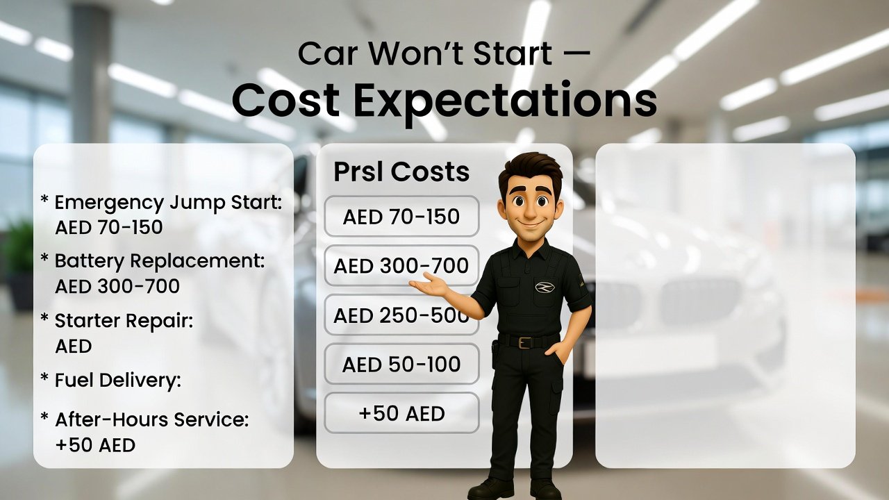 "Animated illustration showing a technician presenting cost expectations for car services in Al Nahda, with title on top and pricing details displayed on the sides."