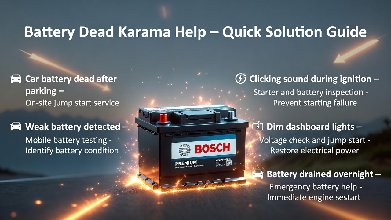 Infographic showing battery dead help solutions in Karama with title at the top, problem and solution points on both sides, and a premium car battery illustration in the center.