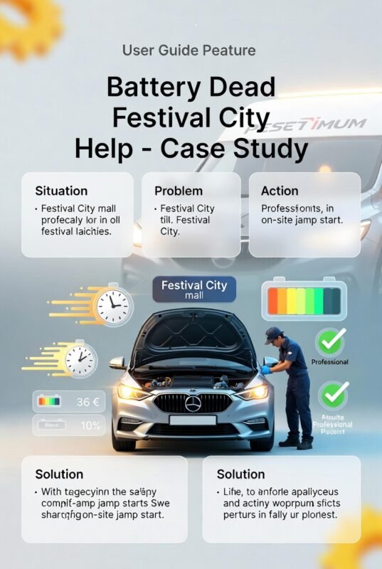 Technician performing an on-site battery jump start at Festival City mall with key case study points highlighted on sides