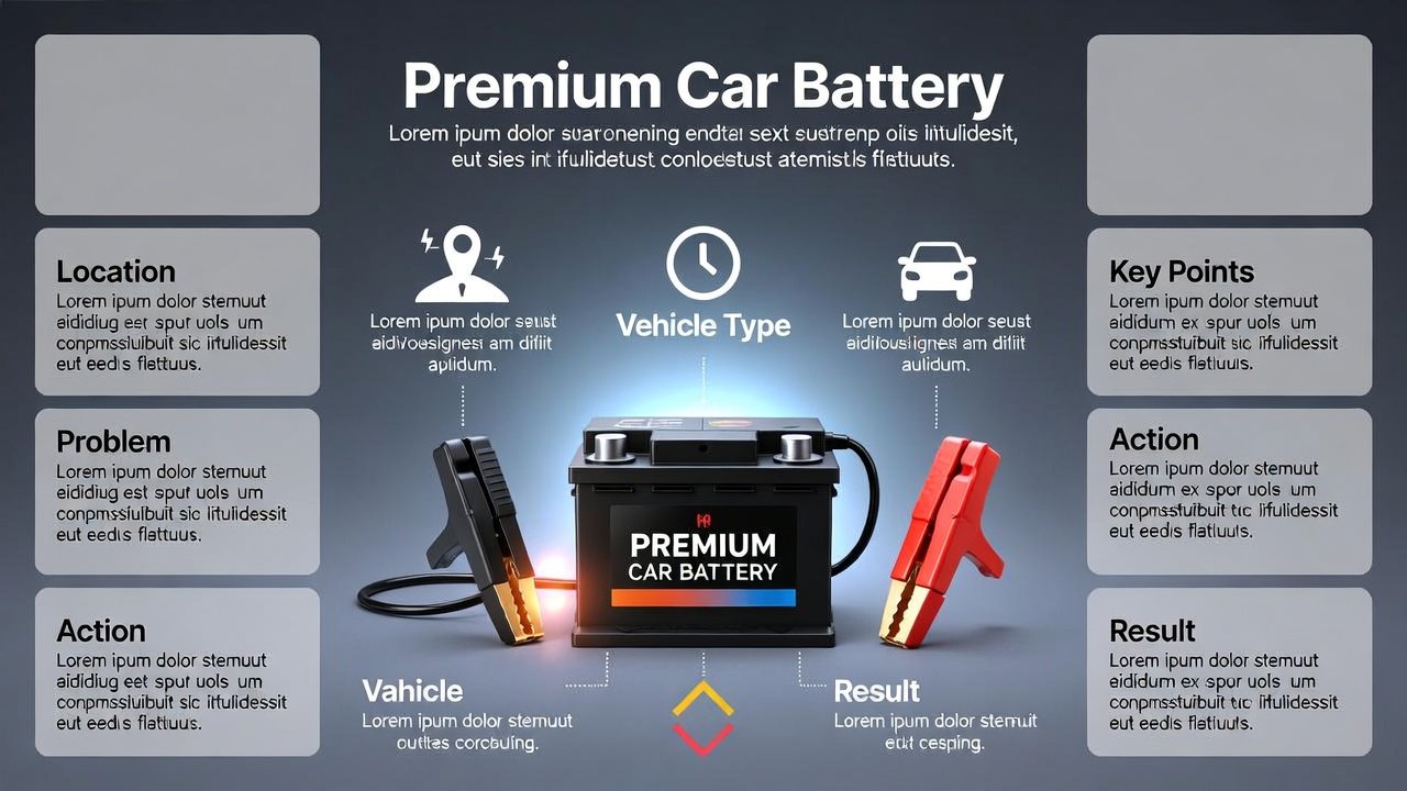 “Infographic-style animated illustration showing a battery dead Oud Metha help case study, with title at the top, key details on sides, and premium brand battery in the center.”