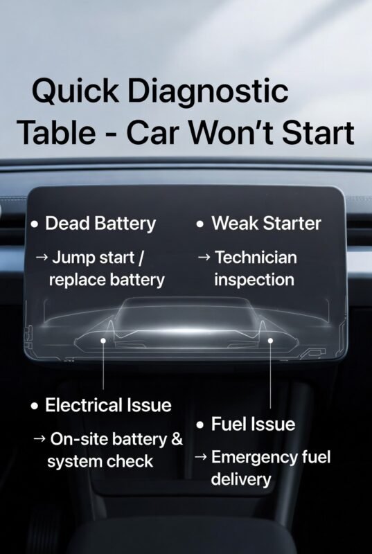 “Feature image showing top title, central diagnostic table for car won’t start, and key problem-solution points on sides in clean, animated style.”