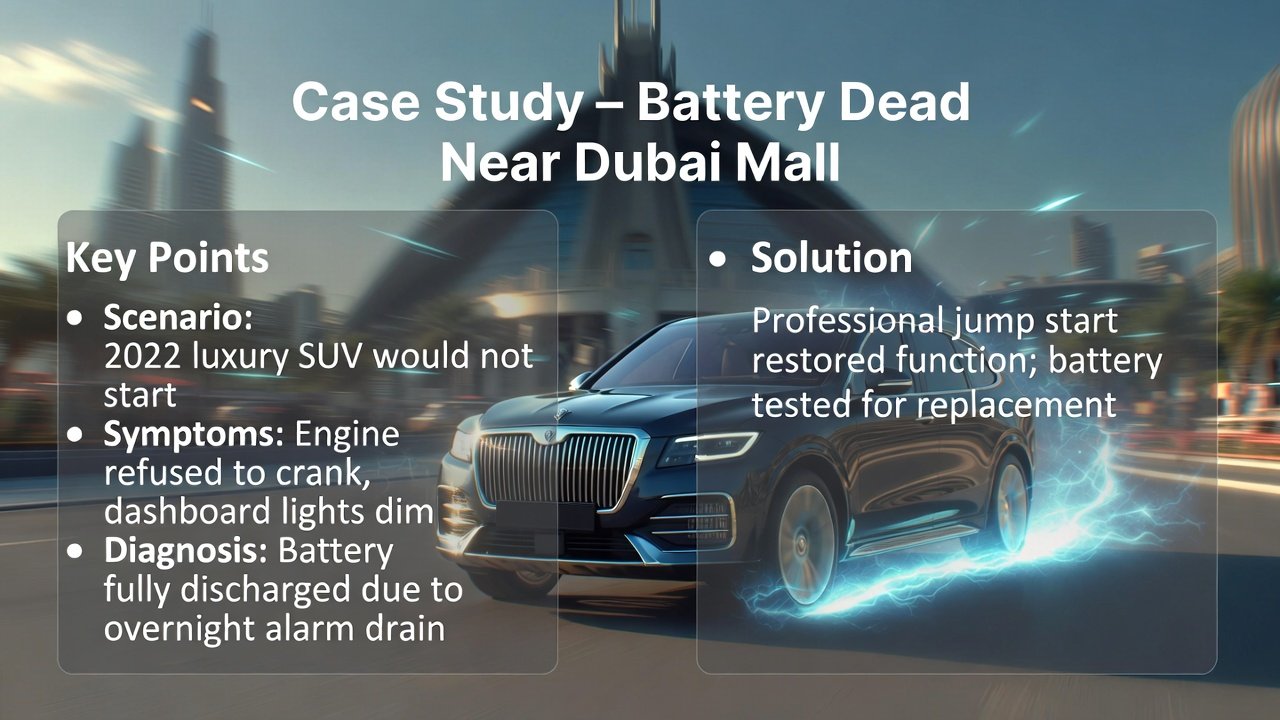 “User guide case study image showing main title at top, central luxury SUV near Dubai Mall, and key scenario, symptoms, diagnosis, and solution points on sides in clean animated style.”
