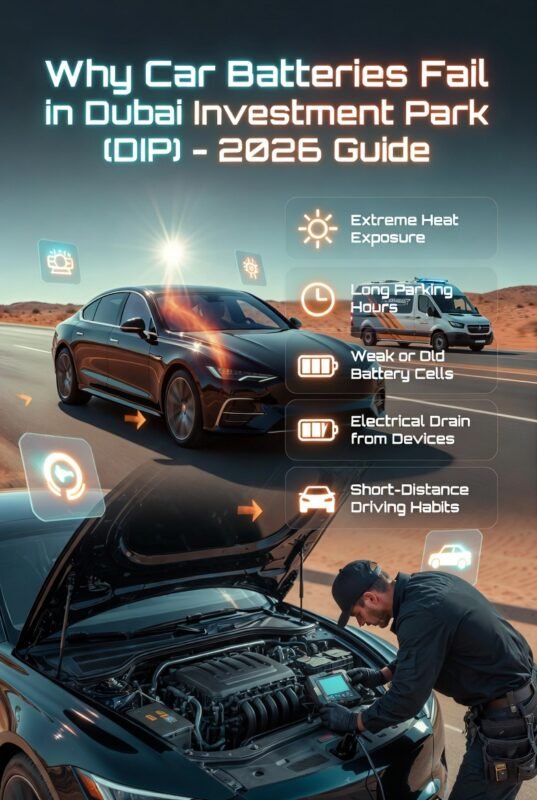 Infographic showing reasons for car battery failure in Dubai Investment Park including heat, long parking, and electrical drain with mechanic inspection.