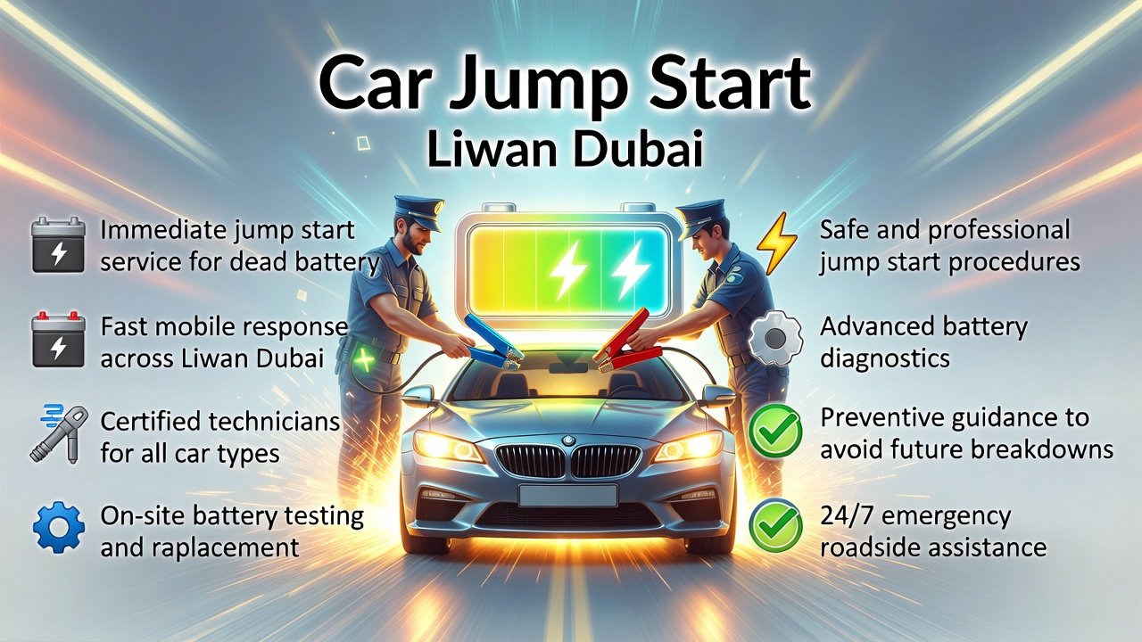 "Infographic showing car jump start services in Liwan Dubai, with title on top, key service points on both sides, and animated central car illustration with a technician performing a jump start."