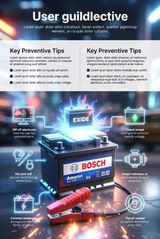 “Animated infographic showing preventive tips for car battery in Al Rigga Deira, with title at the top, key tips on sides, and premium battery illustration in the center.”