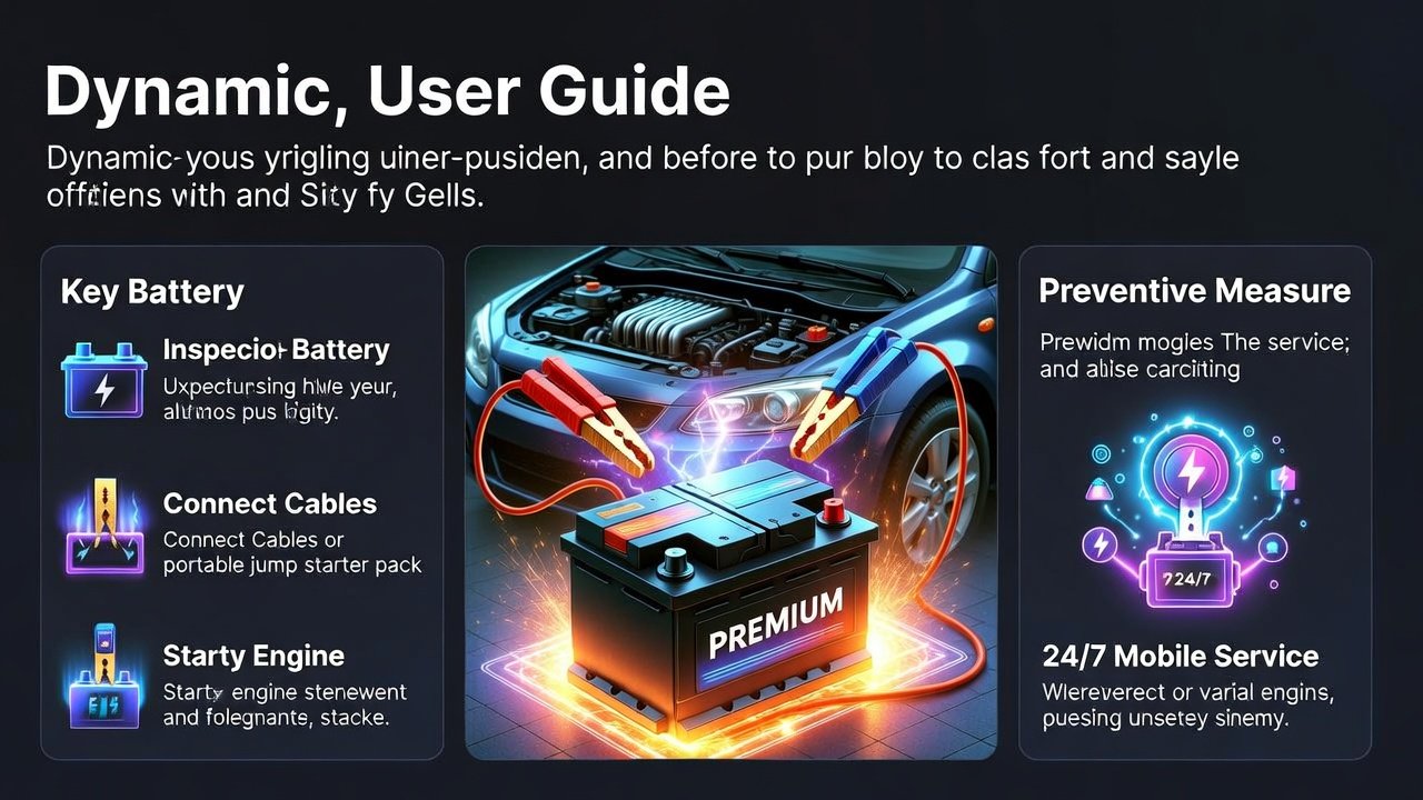 “Animated infographic showing step-by-step car jump start Al Rigga Deira process, with title at the top, key points on sides, and premium battery in the center.”