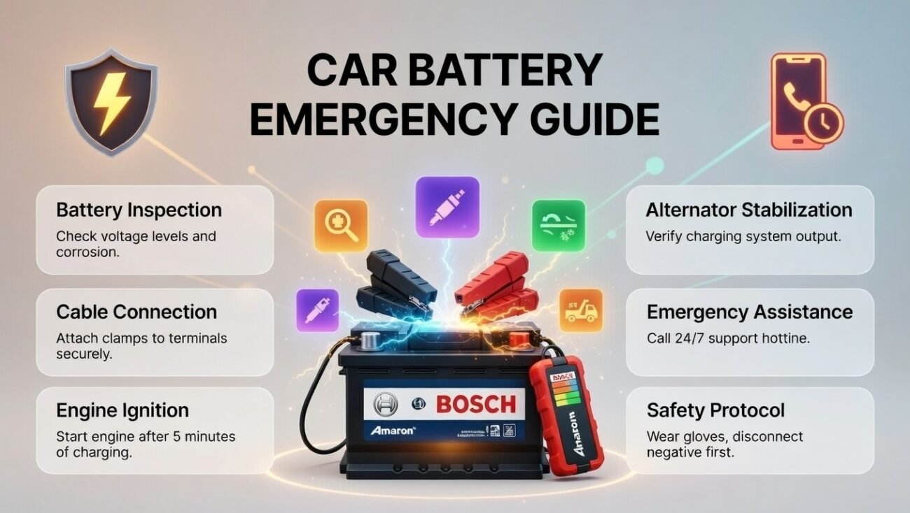 “Animated infographic showing emergency jump start Oud Metha guide, with title at the top, key steps on sides, and premium battery illustration in the center.”