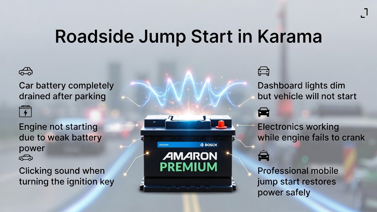Infographic showing roadside jump start in Karama with title on top, key battery problem points on sides, and a glowing premium battery in the center.