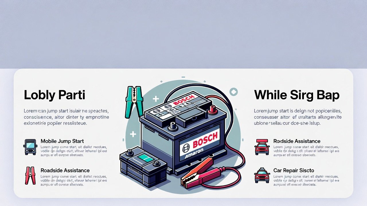 “Animated user guide image showing a car battery jump start with title at the top, bullet points on sides, and central premium brand illustration.”