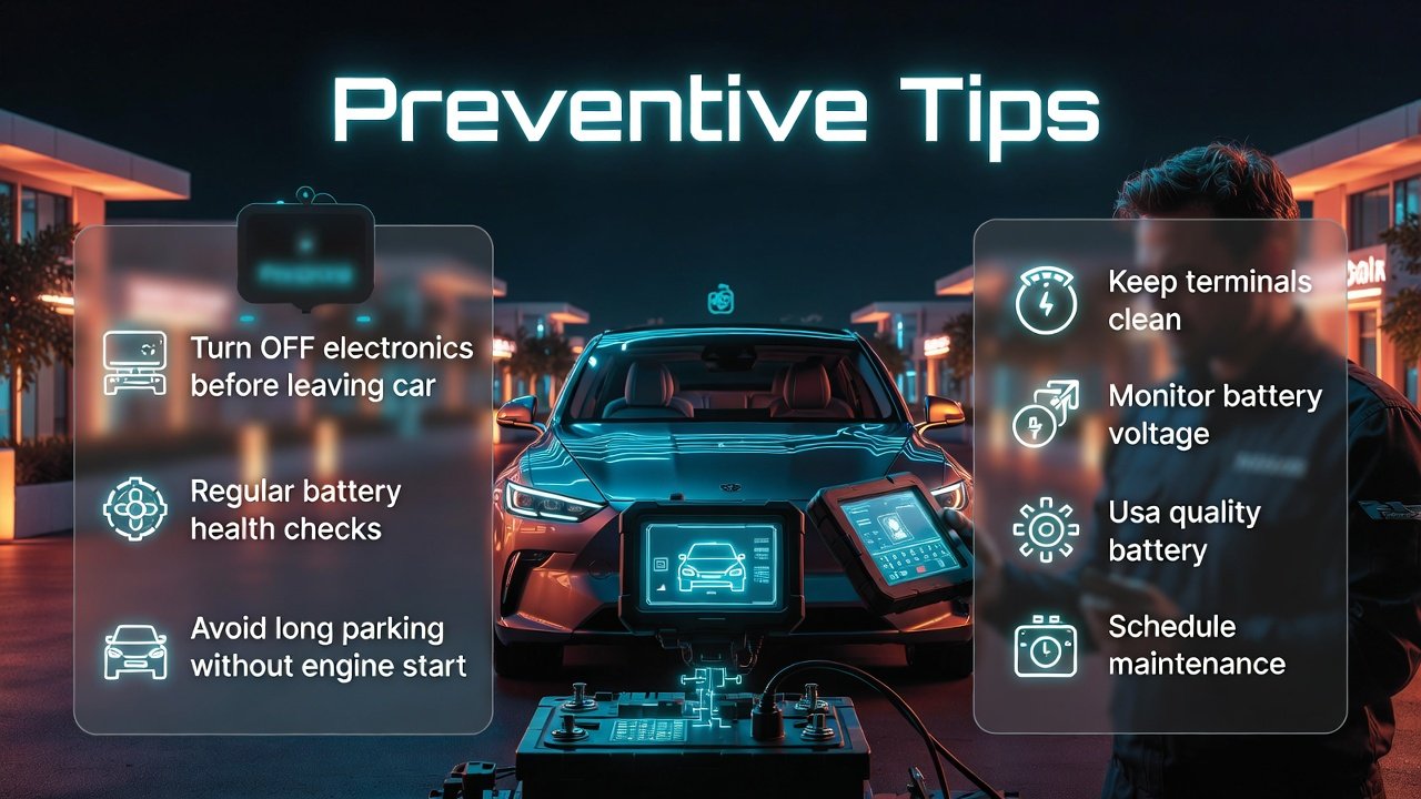 Infographic showing preventive tips for battery dead Academic City help including maintenance and battery care guidelines.